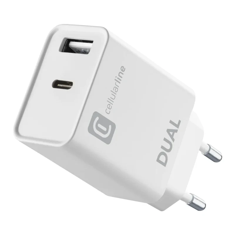 Incarcator Priza Cellularline Power USB-A/USB-C 20W Alb ACHIPHUSB2PD20W